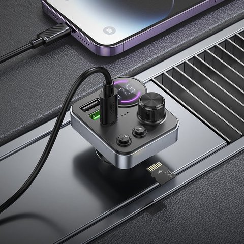 FM-трансмітер Hoco E86, чорний, з кнопкою, з дисплеєм, USB тип-C, USB тип-A, 3 порта, 48 Вт, Quick Charge, Power Delivery (PD), #6942007646956 Прев'ю 1