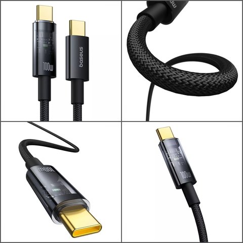 USB Cable Baseus Explorer, (2xUSB type-C, 100 cm, 100 W, black, with auto-off function, nylon braided) #P10319703111-00 Preview 1