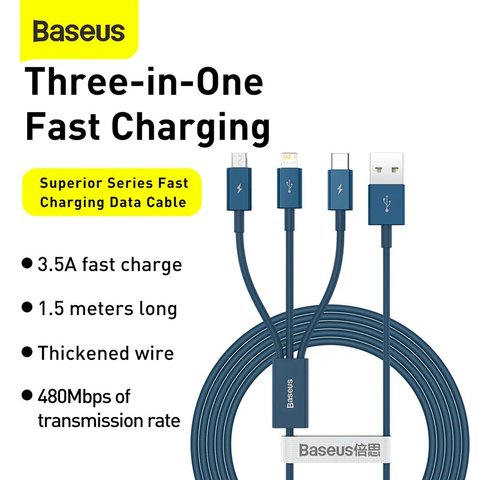 USB Cable Baseus Superior, (USB type-A, USB type C, micro USB type-B, Lightning, 150 cm, 3.5 A, dark blue, silicone, 3 in 1) #CAMLTYS-03 Preview 2